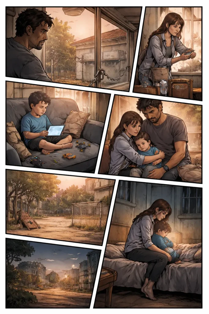 Illustrazione in stile fumetto di una famiglia in casa con un bambino autistico davanti al tablet, simbolo dell’assenza di servizi educativi e di supporto nel Terzo Settore.