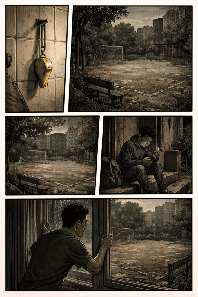 Vignetta di un parchetto vuoto con un ragazzo seduto e l’assenza del Terzo Settore nello sport sociale