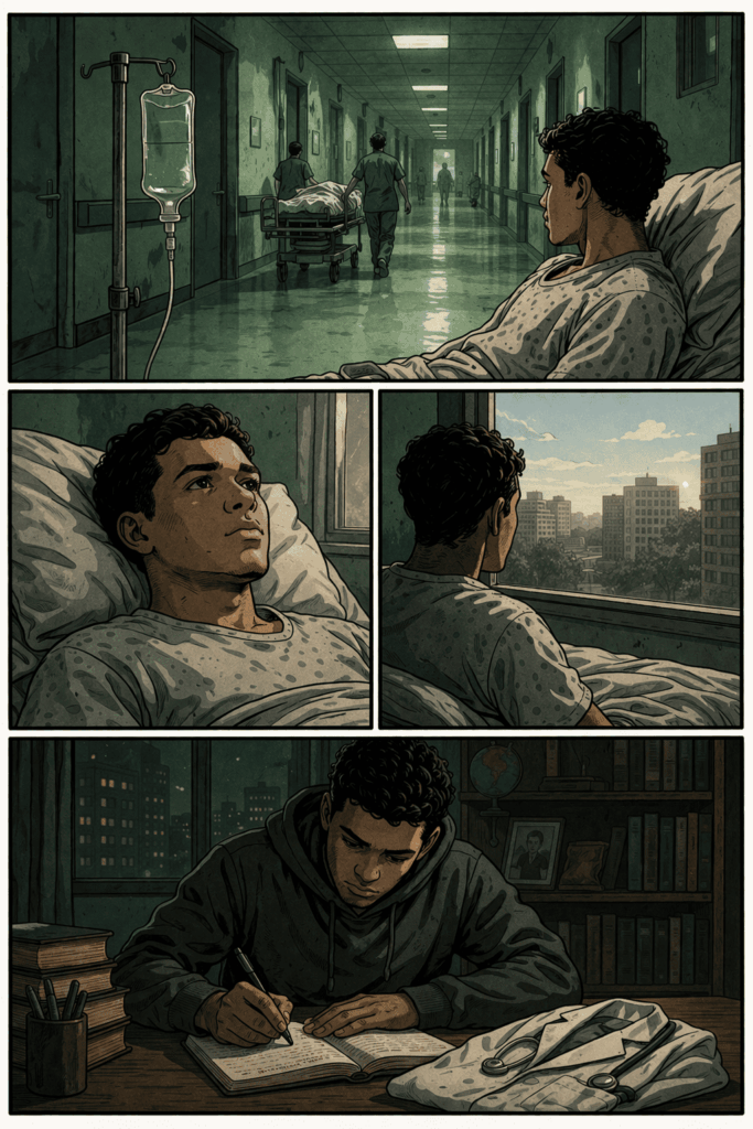 Vignetta ospedale senza donatori e assenza del Terzo Settore con paziente in attesa di trasfusione